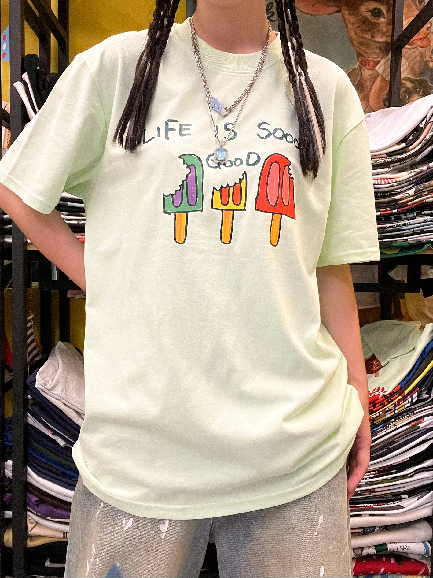 Heavyweight 260G Hand-Drawn Graffiti Short Sleeve T-Shirt Unisex Street Style Versatile Casual Summer Fashion Top