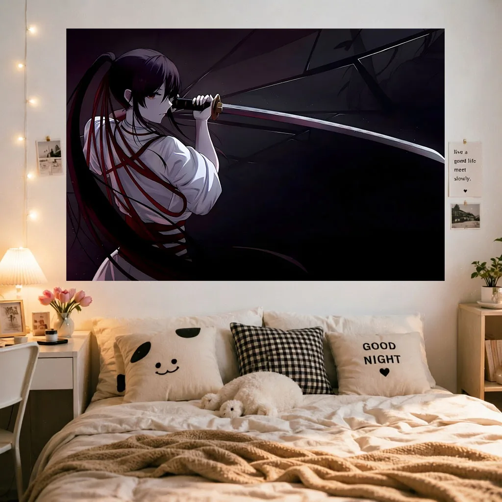 Dark Samurai Warrior Anime Girl Wall Tapestry Katana Sword Japanese Style Art Wall Hanging Dorm Bedroom Aesthetic Home Backgroun