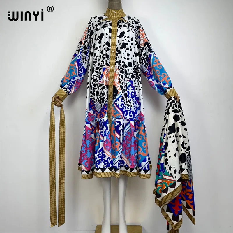 Winyi moda quimono impressão casaco manga longa cardigan abaya mulher muçulmana beachwear cobrir boho vestido kaftan abaya dubai luxo