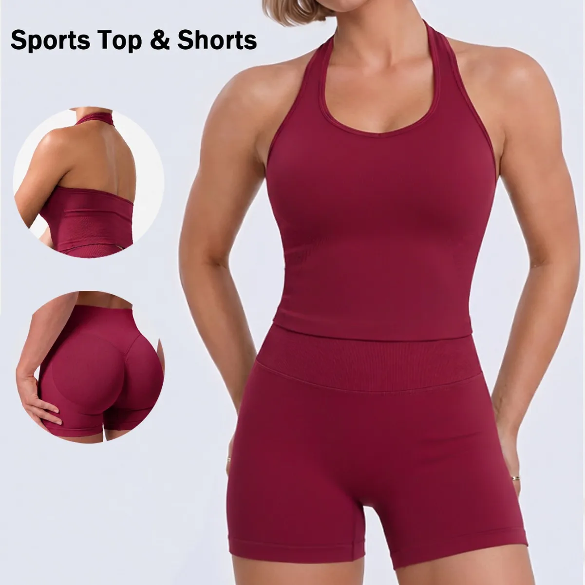Women's Halter Backless Red Yoga 2 Piece Set High Waist Scrunch Butt Shorts Breathable Gym Wear Tank Top And Shorts Yoga Suits