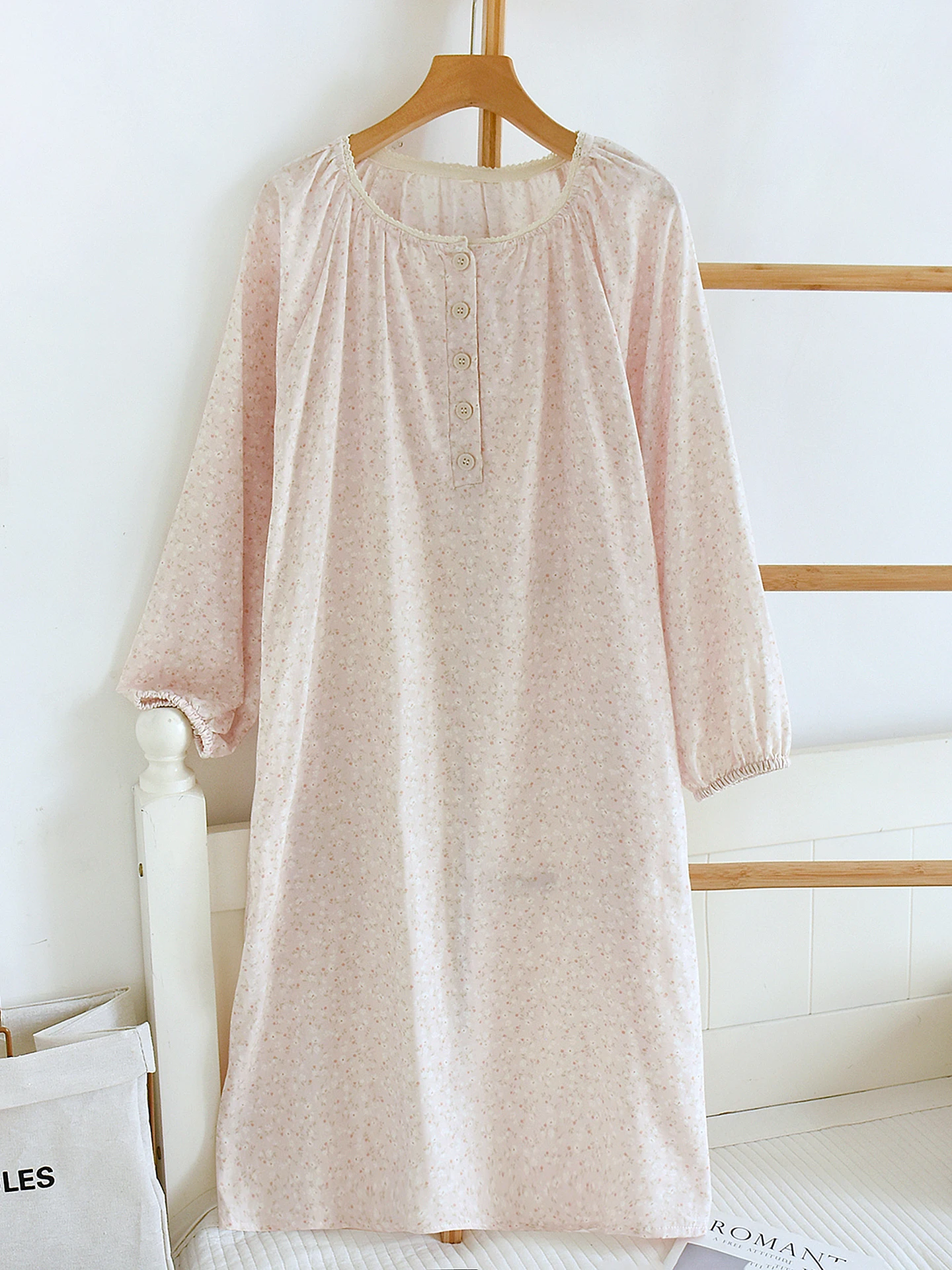 Spring Autumn Pure Cotton Gauze Sleep Dress Women's round Neck Long Sleeve Home Skirt Sweet Floral mid Length Can Be Worn out...