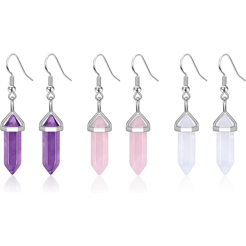 Healing Crystals Earrings for Women Girls Natural  Amethyst Rose Quartz  Healing Hexagonal Points Crystal Chakra Dangle Earring