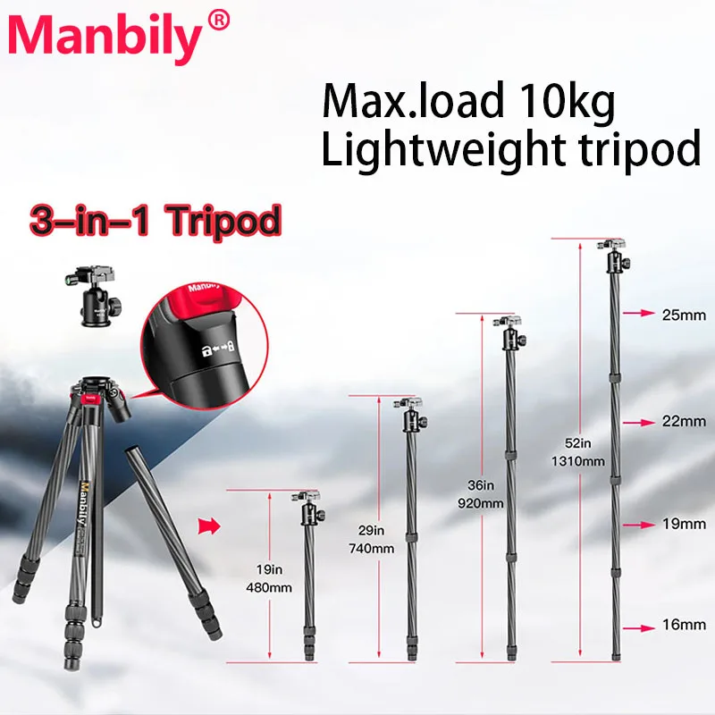 

Manbily YS-254C Portable Carbon Fiber professional Tripod Stand Ball Head Outdoor Photography Tripod for DSLR Digital Camera