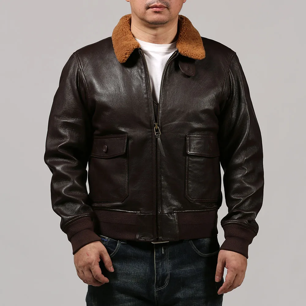 M422A  Asian Size Men's Slim Vintage Genuine  Cow Leather Wool Collar G1 Jacket