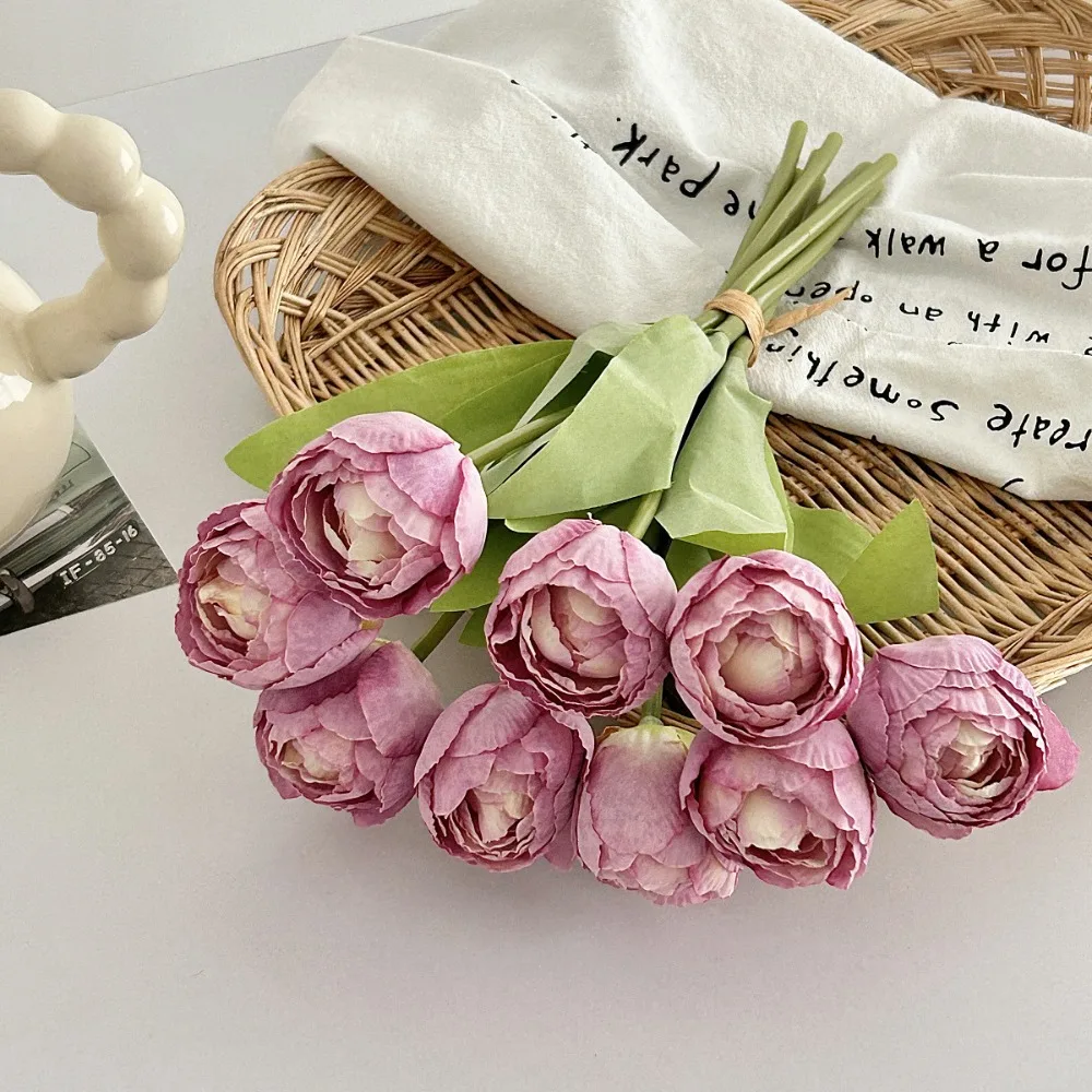 

9pcs 9 Heads Artificial Tulip Bouquet Real Touch Realistic Silk Tulip Flower Burnt Edge Handmade Fake Flowers Birthday Decor