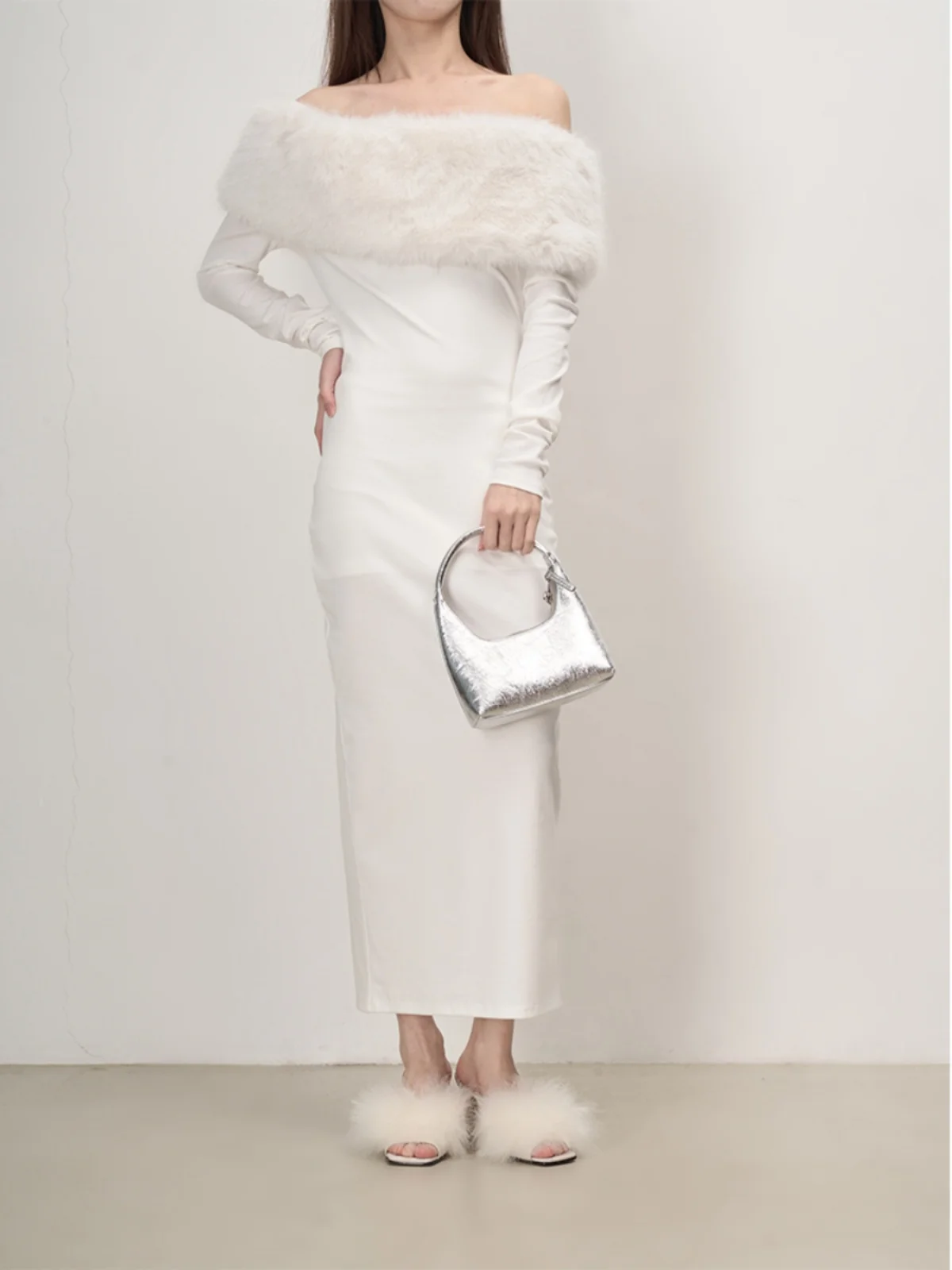 

Romantic Detachable Fur Collar One oulder Long Split Dr Ele Casual Cotton Long Sve Slim Fit White Dr