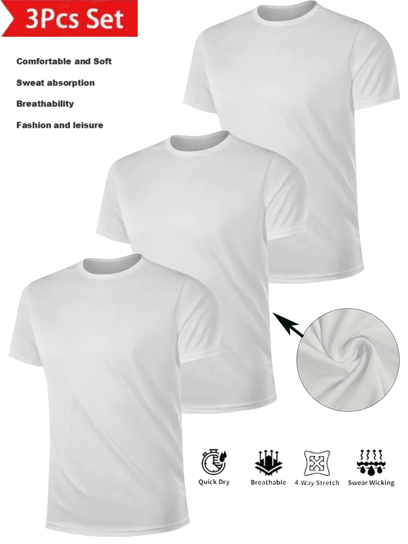 

Men's 3-piece White T Shirt Mesh Comfortable Soft Breathable Sports Layering and Outerwear Moisture Wicking Quick Dry Black
