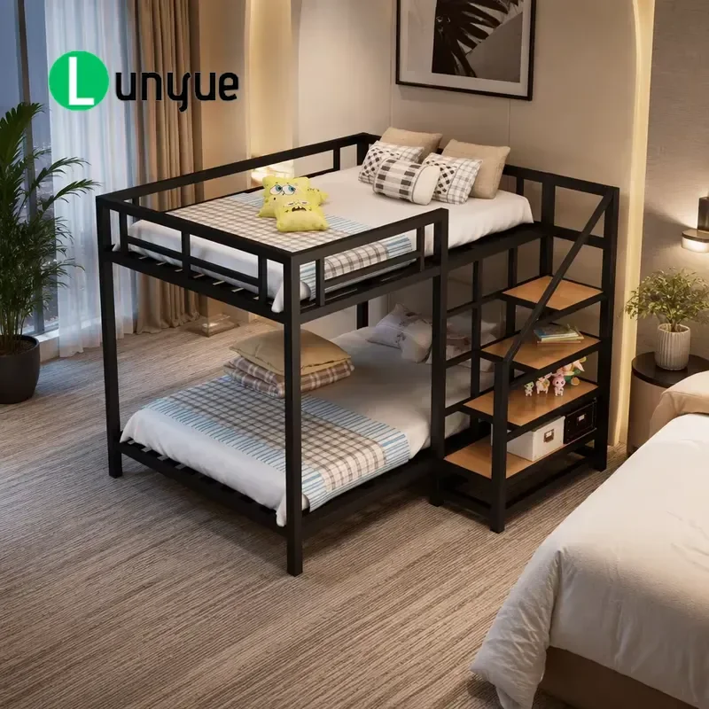 Large Metal Elevated Bed Frame Double Decker Design With Built In Shelves And Ladders For Dormitory Hotel Space Saving Sturdy