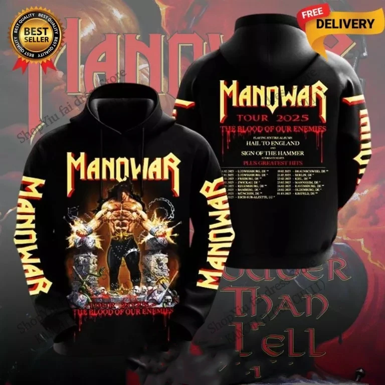 Moletom com Estampa 3D da Banda Manowar, Moda Masculina e Feminina, Casaco, Roupa Masculina, Agasalho de Rap, Moletom Masculino 2025, Tamanhos Grandes