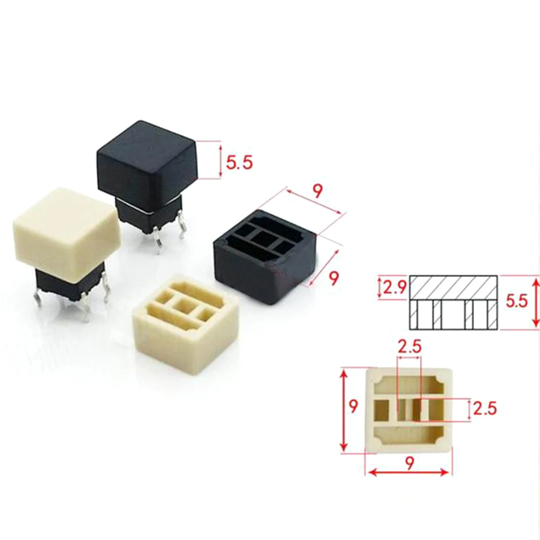 100pcs 9*9*5.5mm Square Button Cap Beige/Black Switch Caps Cover for 6*6 Square Switch Tactile Wholesale