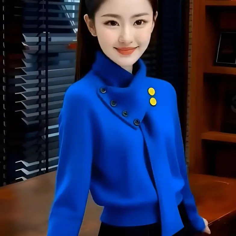 Blue  turtleneck soft waxy shirt for women, autumn and winter, foreign style, fashionable and high-end wear, waist and thin top