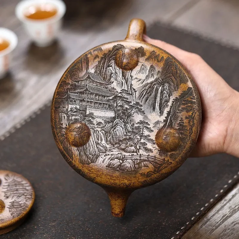 Yixing Zisha Teapot Made From Raw “Dragon Bone” Gold Sand, Featuring A “View of The Mountains” Design Teapot