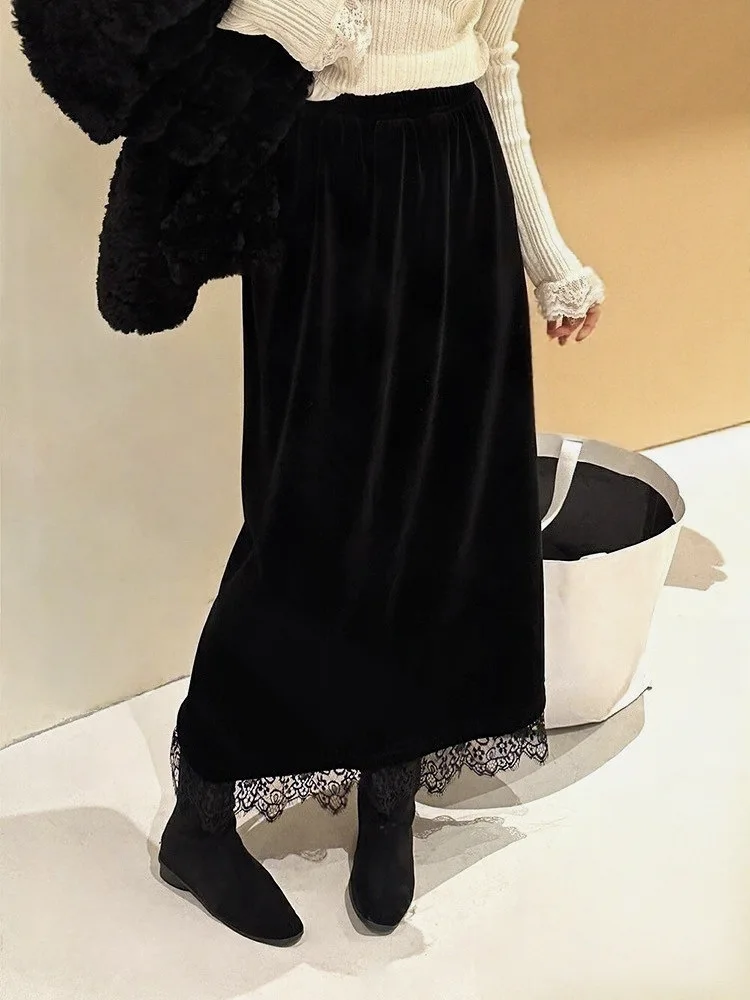 

French black temperament velvet mid length skirt autumn and winter new women's hem slit lace edge splicing straight tube skirt