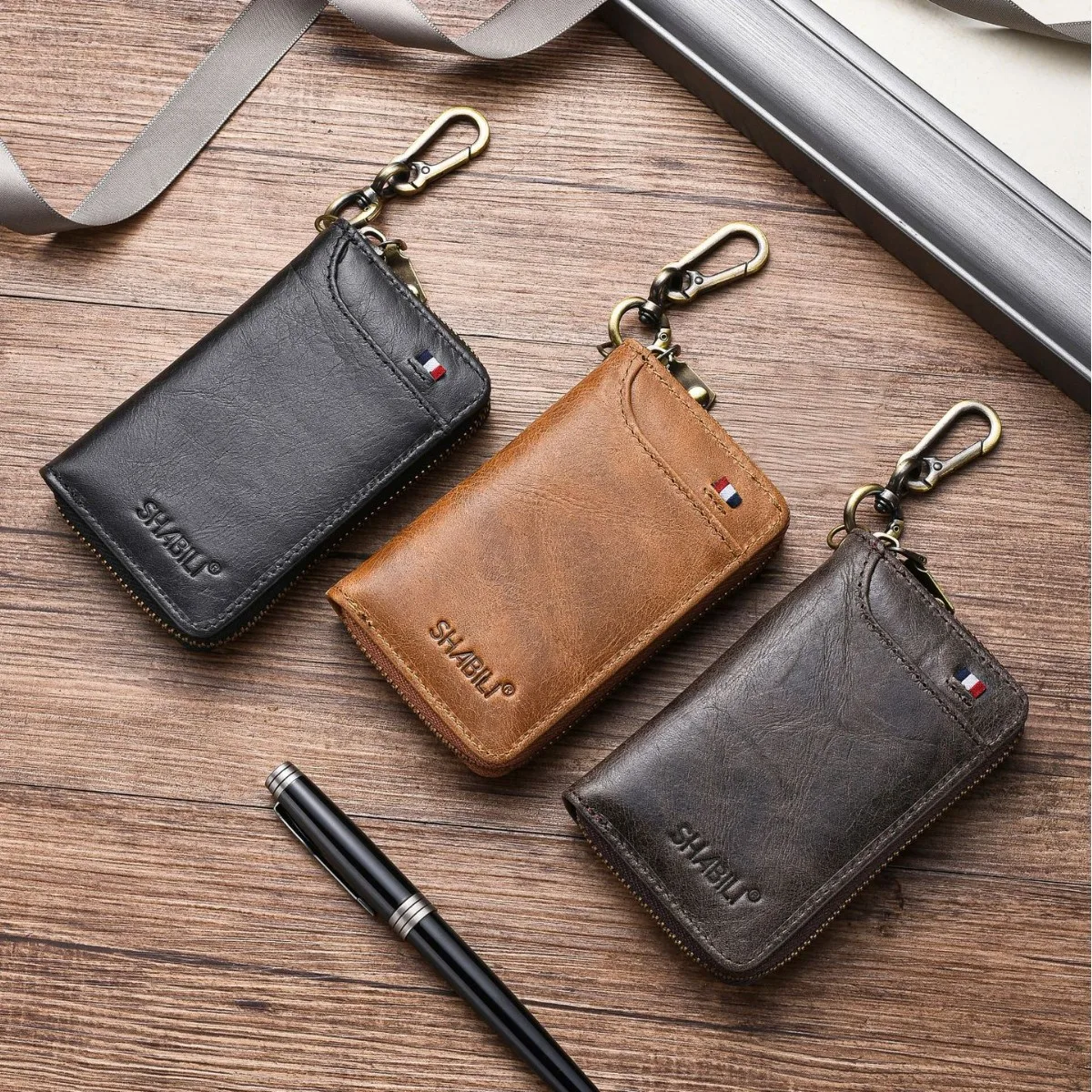 PU leather short key wallet with multiple card slots and change storage compartment, men's snap-lock zipper key bag