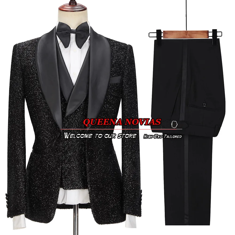 Traje de lentejuelas brillantes para hombre, esmoquin de boda para novio, conjunto de Blazer burdeos, vestido Formal de fiesta de graduación, hecho a medida, 3 piezas de negocios