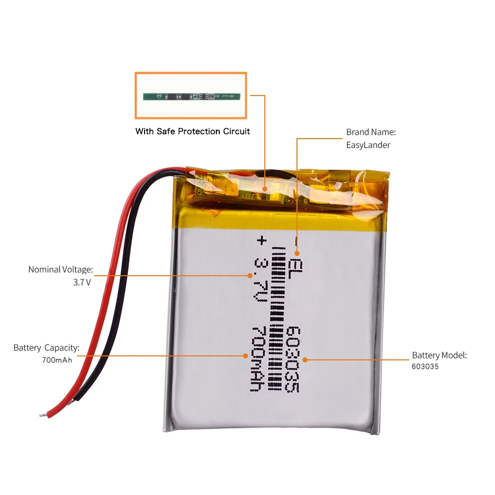 700 mah 3.7V 603035 Rechargeable Lithium Li-ion Polymer Battery 703035 800mAh 803035 950mAh