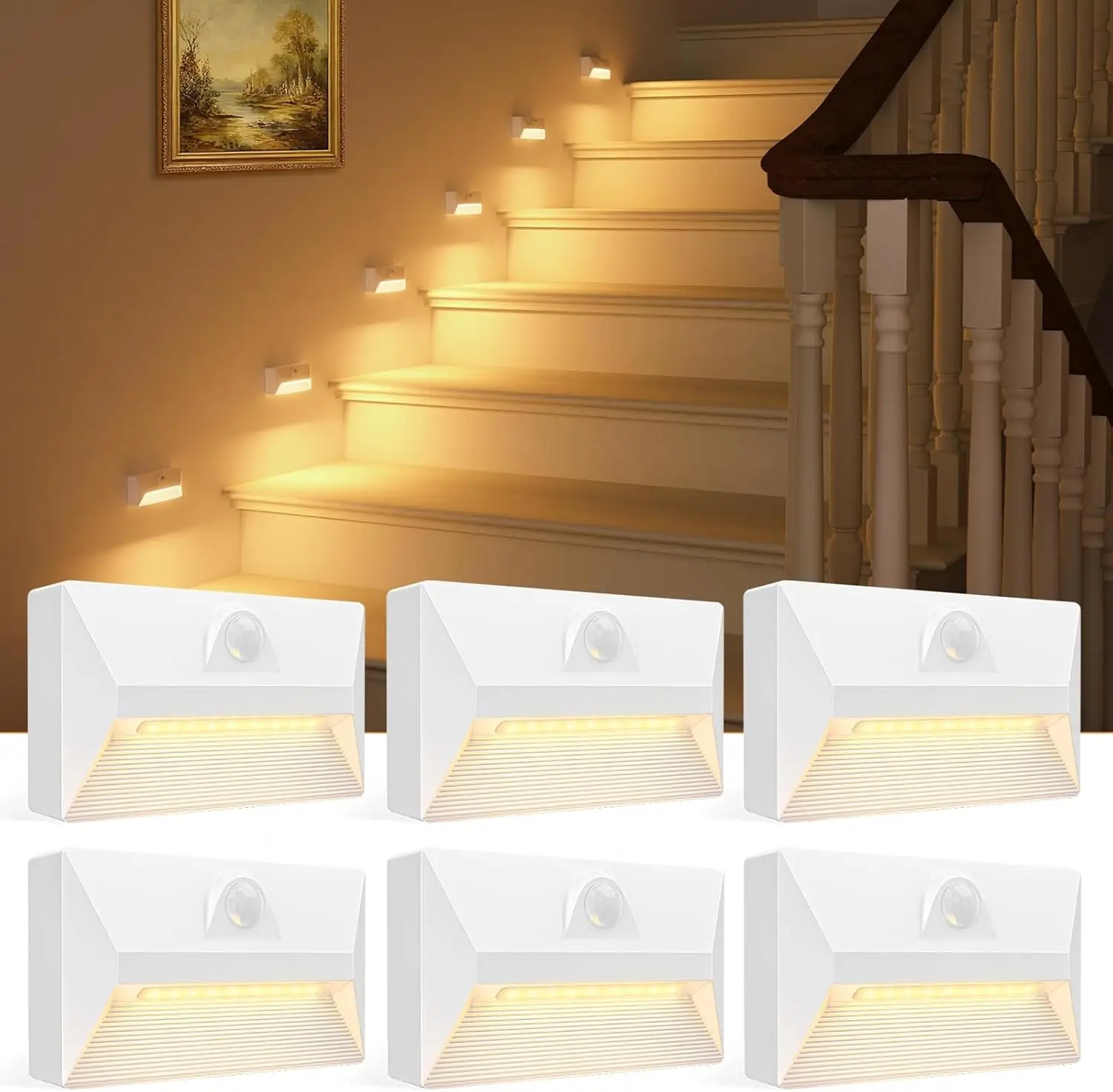 

Светильники для лестниц с датчиком движения, перезаряжаемые, 6 штук в комплекте, 3 режима и цветовые температуры, магнитное крепление для лестниц, коридоров, шкафов