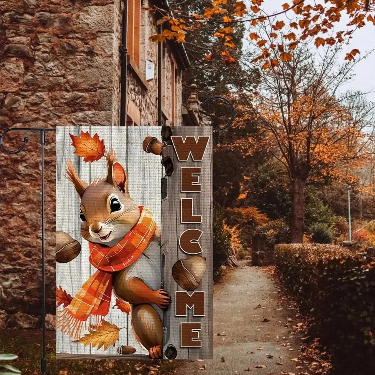 12x18 in Fall Garden Flag, Cute Squirrel Autumn Decor Flag with Acorns, Leaves, Double-Sided Thanksgiving Outdoor Ornament for Porch, Lawn