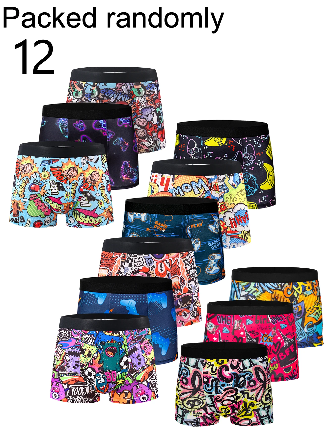 12-Pack Random Assorted Men's Boxer Briefs Fun Cartoon Monster Graffiti Print High Elastic Comfortable Youth Quadrapants