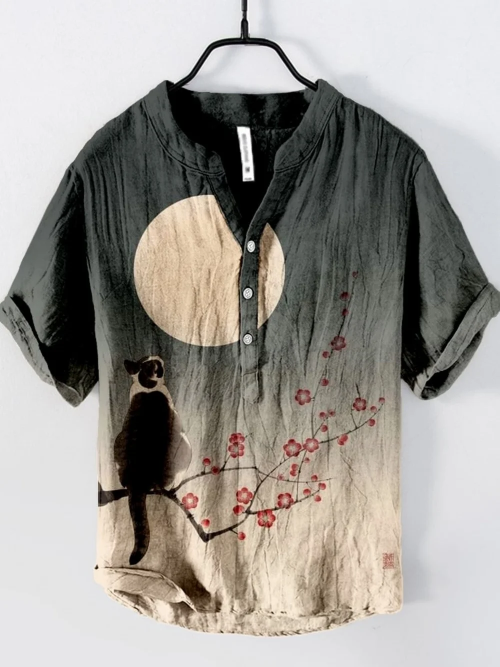 Men's Retro Art Ink Print Hawaiian Casual Vacation Shirt 3-Button Pullover Fashionable Linen Clothing