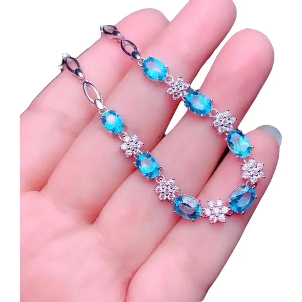 KJJEAXCMY-925 Sterling Silver Bracelet for Women, Inlaid Natural Blue Topaz,  Gem Hand Bracelet, Support Detection, Fine Jewelry