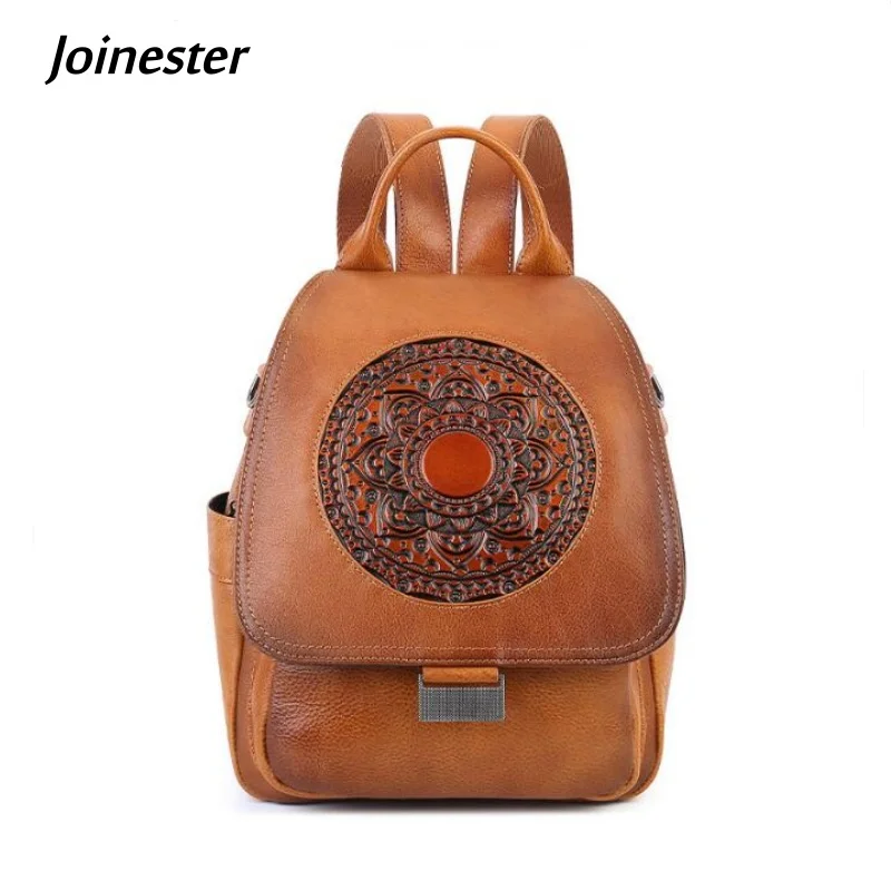 Top Layer Cowhide Embossed Backpack Vintage Style Leather Handle Large Daily Bag for Lady Functional Leisure Backpacks