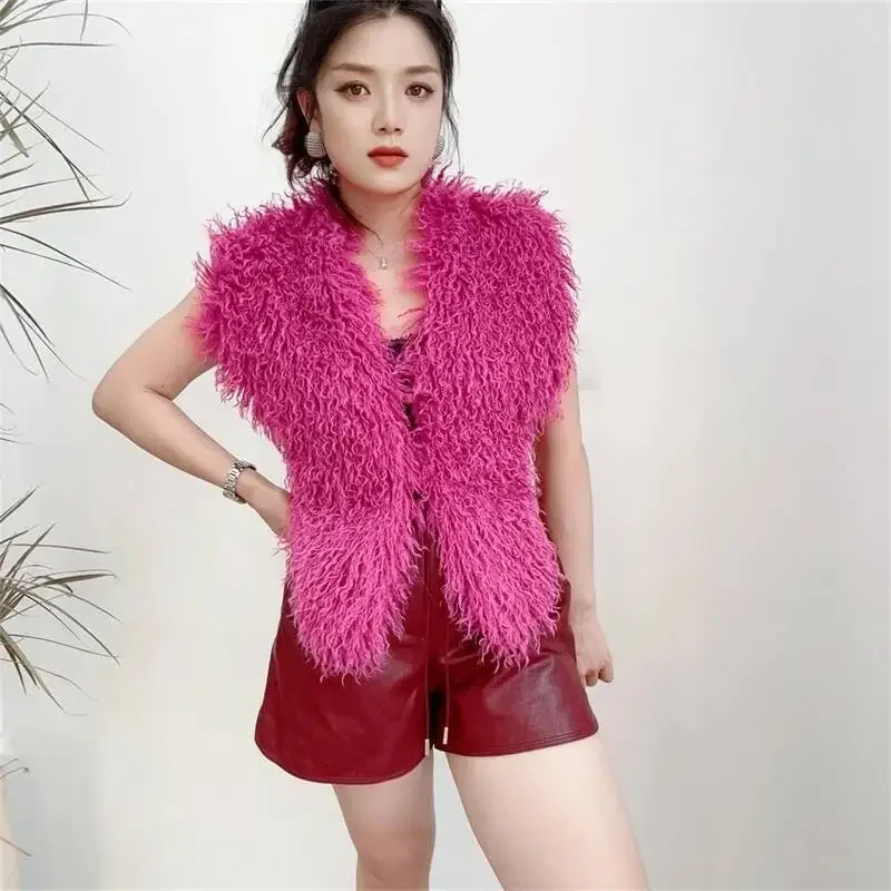 Faux Fur Backless Halter Vest Women Imitation Shearling Sexy Casual Autumn Winter Chic Sleeveless Top New