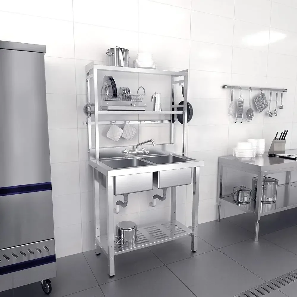 67 Dual Basin Stainless Steel Commercial Sink with Shelves and Drying Rack, Ideal for Restaurant, Utility, Laundry, or Garage Us