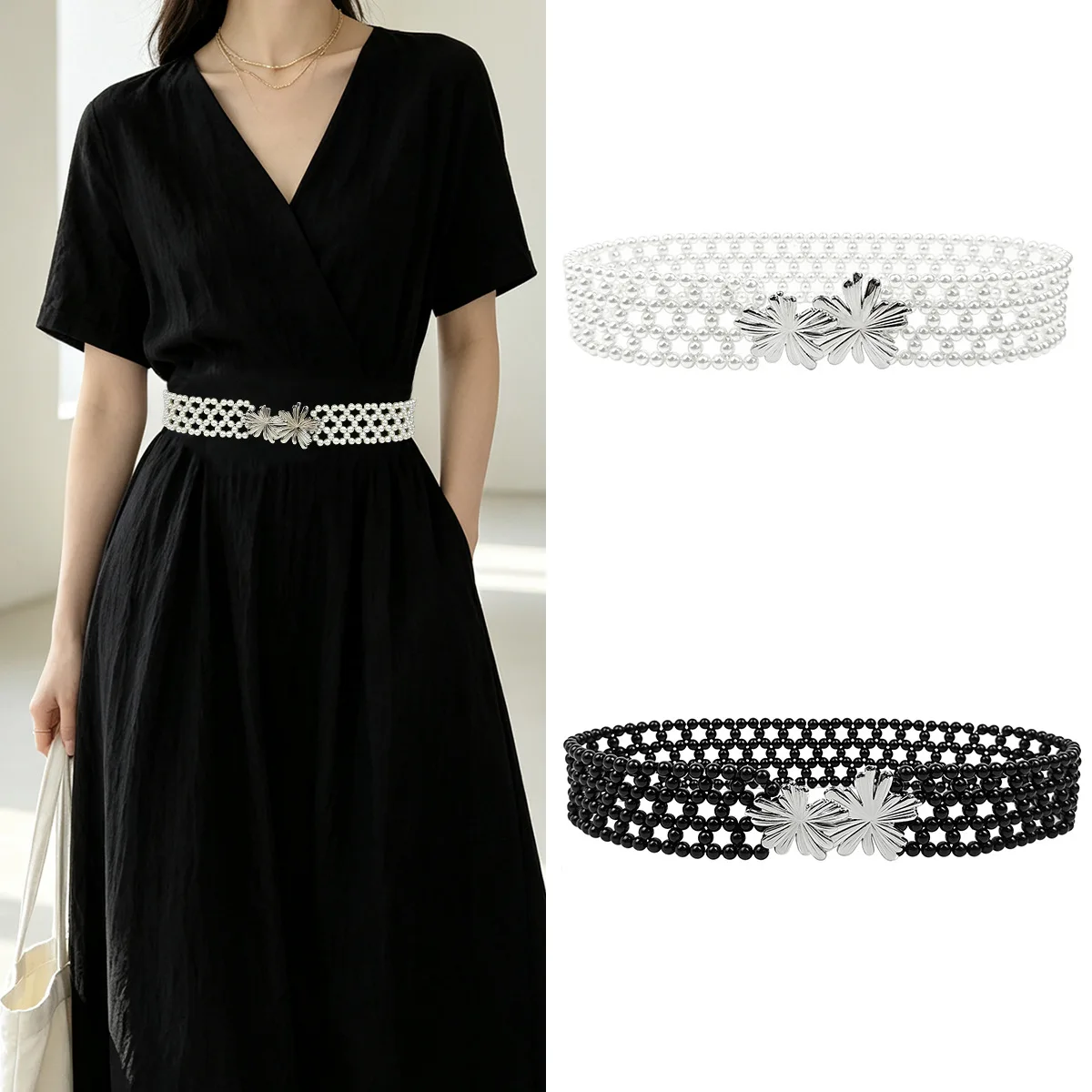 Women's Fashion Exquisite Large Pearl Waist Chain Korean Chic Elastic Dress Skirt Belts Ladies Luxury Design Pearl Belt