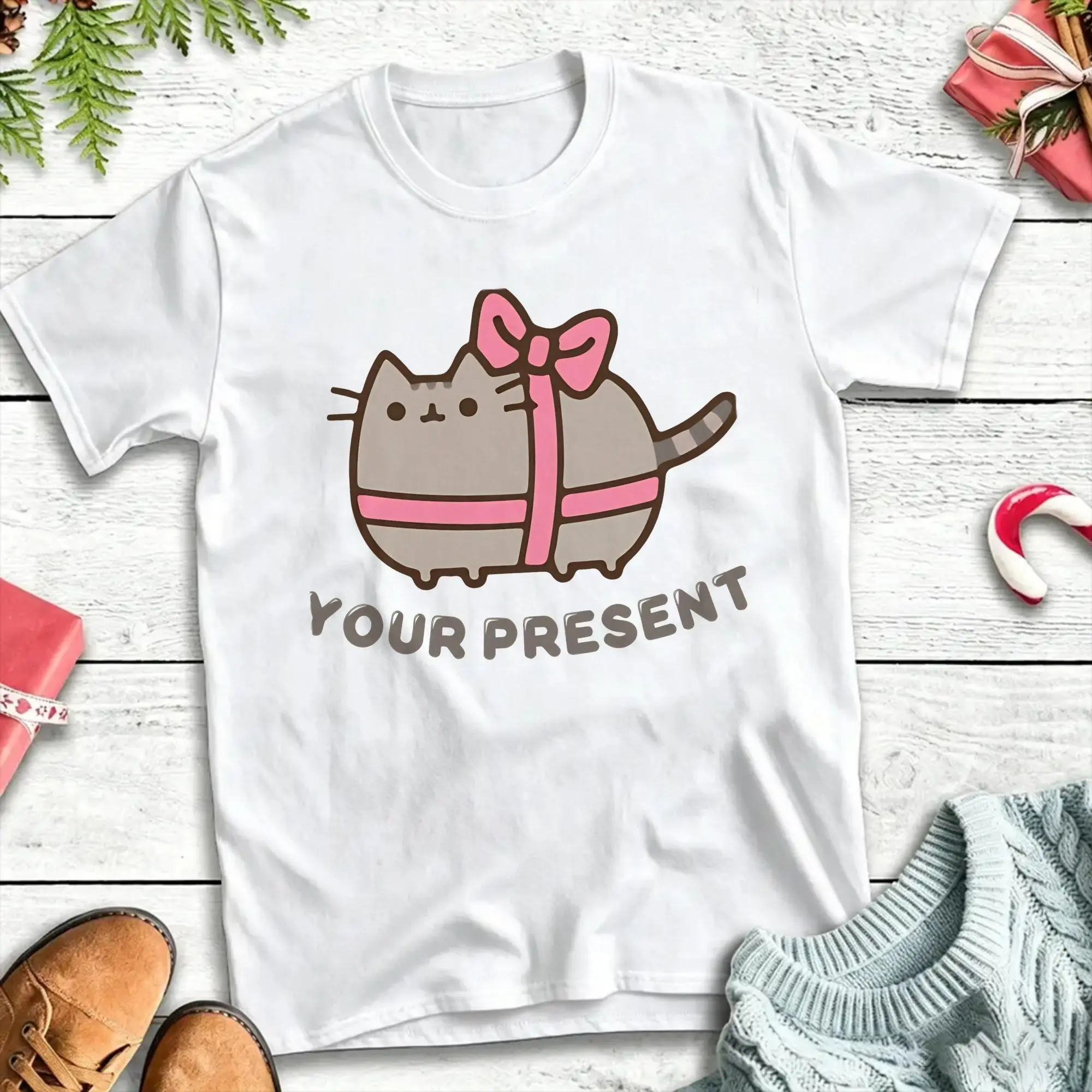 Мужские футболки P-pusheen Present, футболки из чистого хлопка, летняя винтажная футболка с короткими рукавами, повседневная футболка с круглым вырезом в стиле хип-хоп