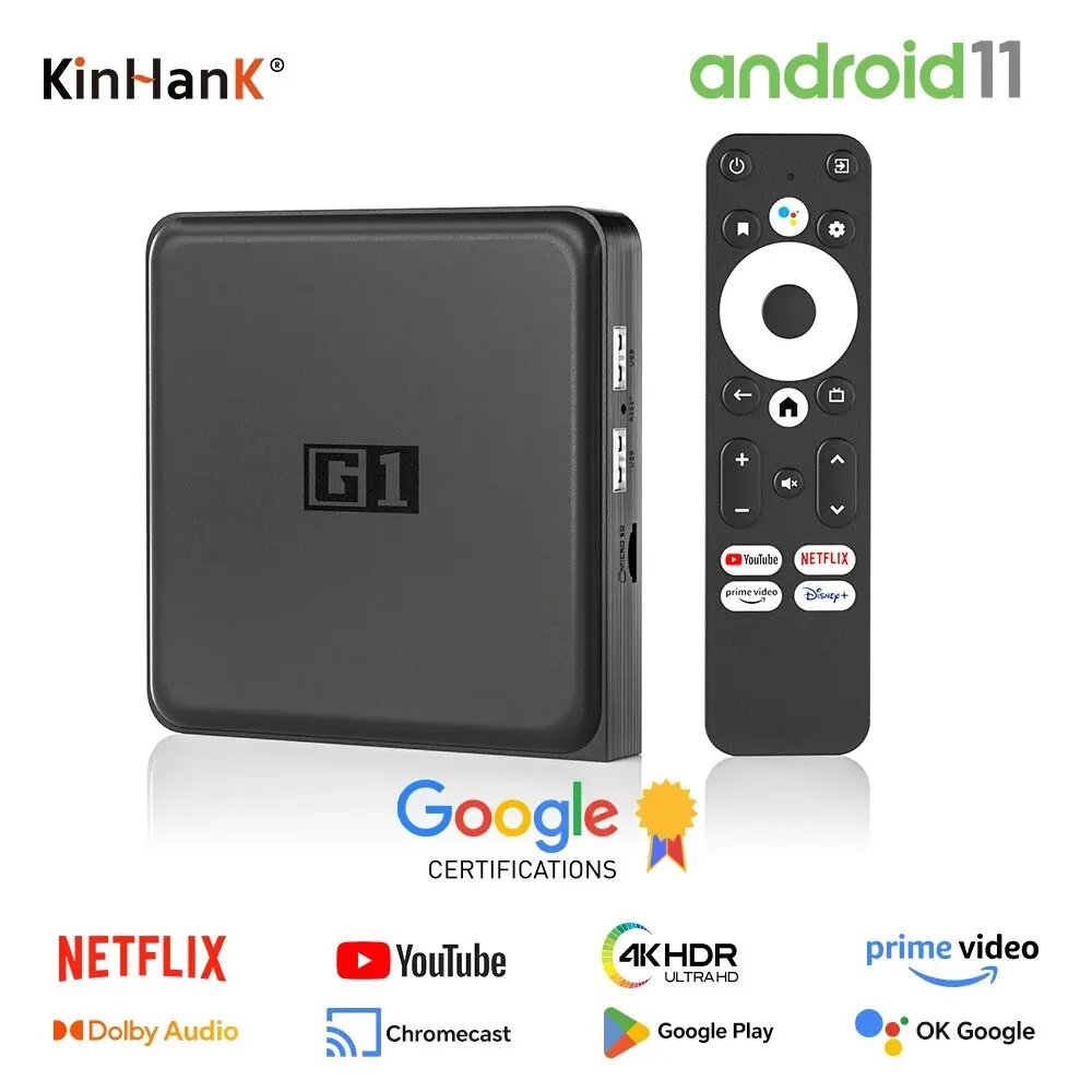 Kinhank G1 Android TV Box With Netflix 4K Google Certified Amlogic S905X4 4+32G WiFi6 Dolby Audio/Dolby Vision Media Player