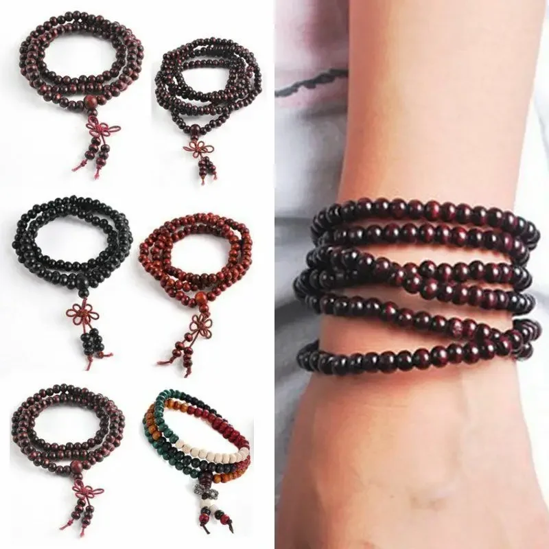 9 Styles 6mm Natural Sandalwood Buddhist Buddha Wood Prayer Beaded Knot black ebony Unisex Men Bracelets & Bangles for Women