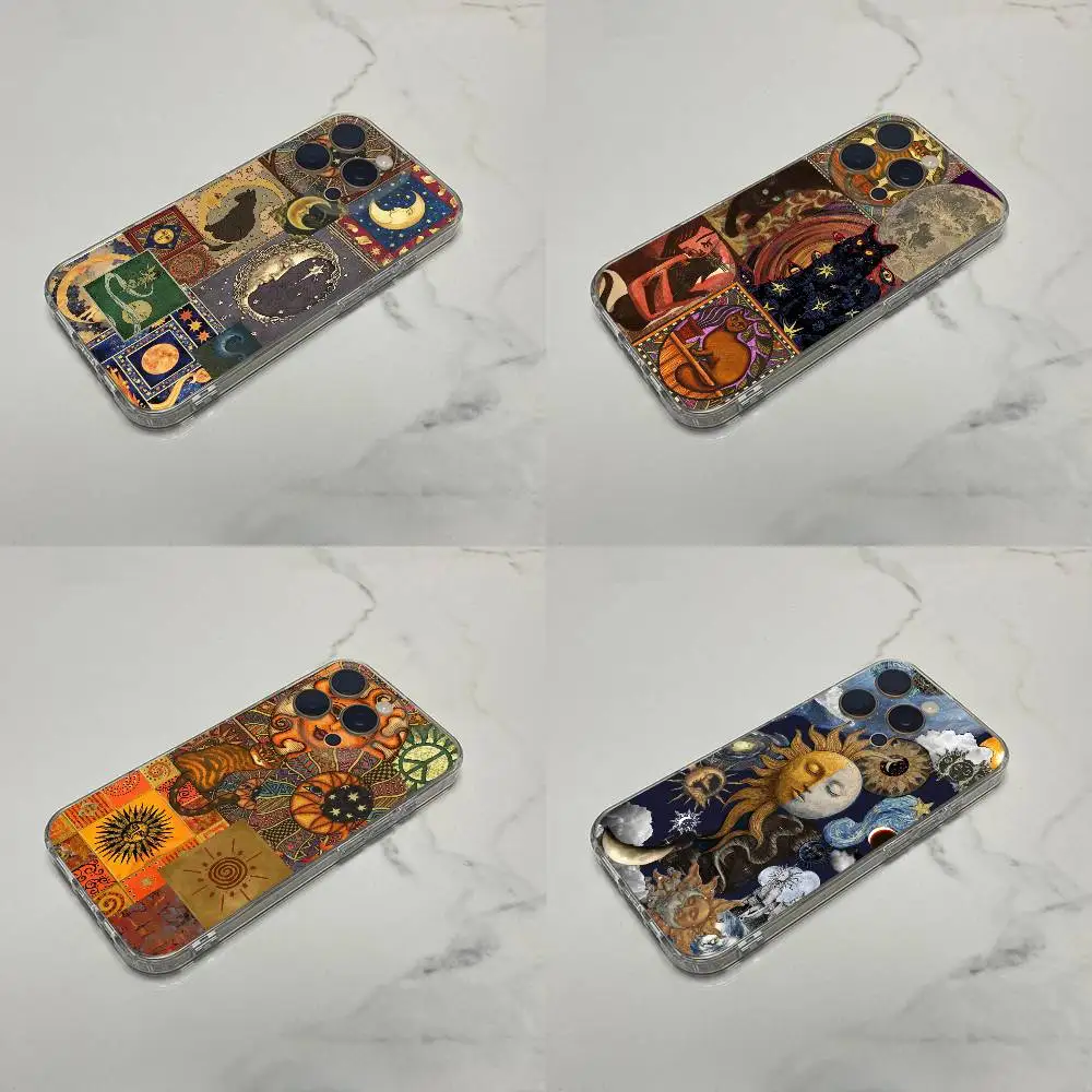 

Fashion Sun Moon Cat Stars Phone Case For iPhone 17,16,15,14,13,12,11 Plus,Pro,Max,Plus,E,SE4,Mini Transparent Box