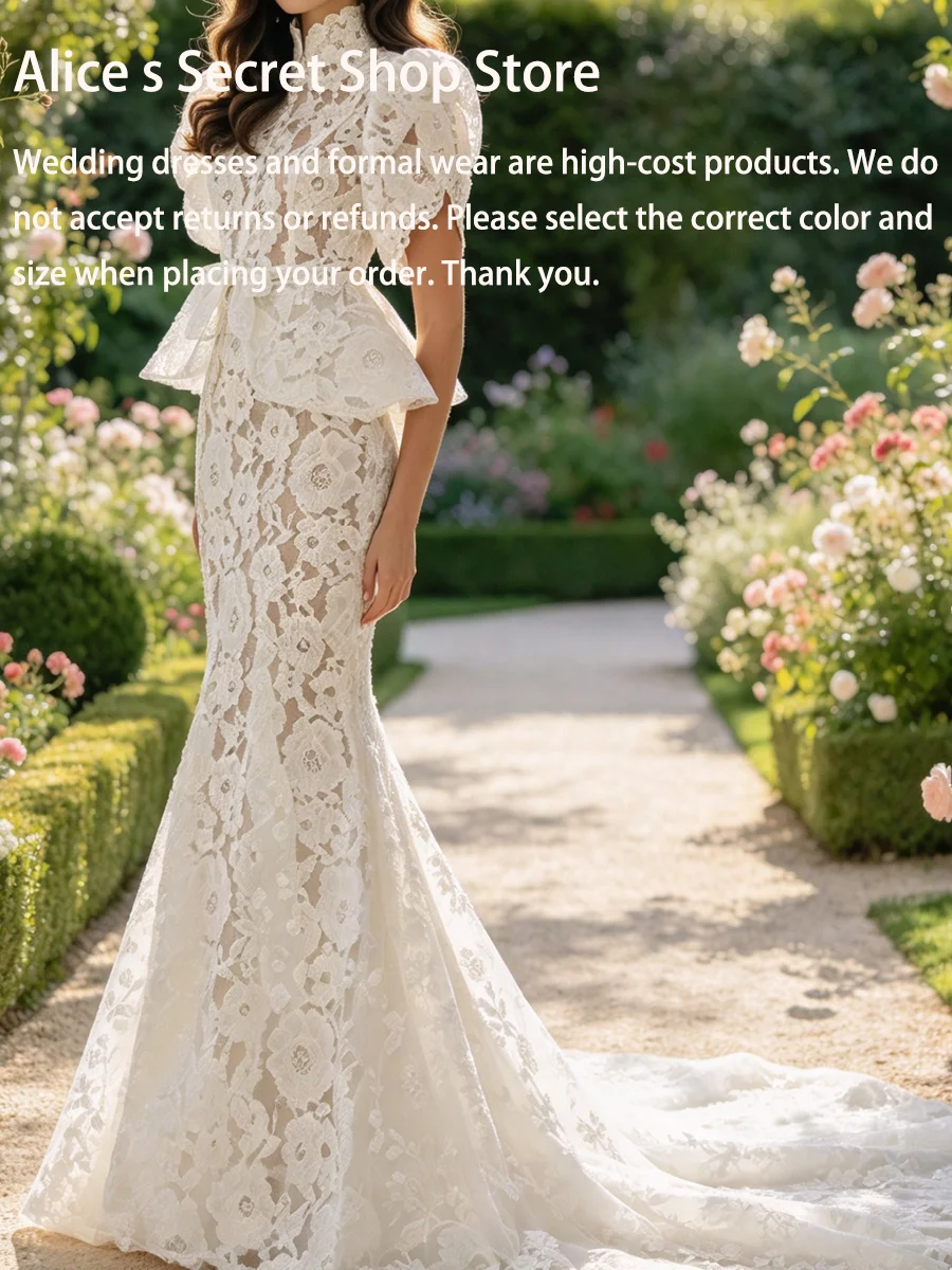 Elegant High Collar Ruffles Full Sleeve Lace Mermaid Bride Wedding Dresses Bridal Gowns Customized