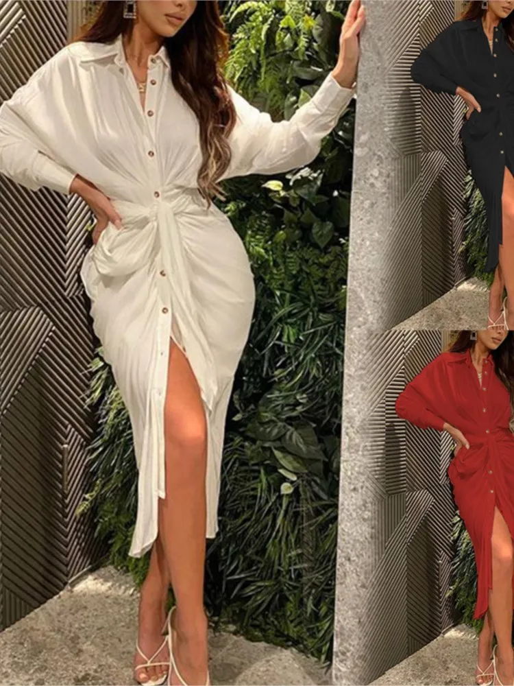 أزياء من الدانتل حتى واحدة الصدر الشق فستان طويل المرأة الخريف عنصر جديد بلون مثير سترة فستان قميص بأكمام طويلة