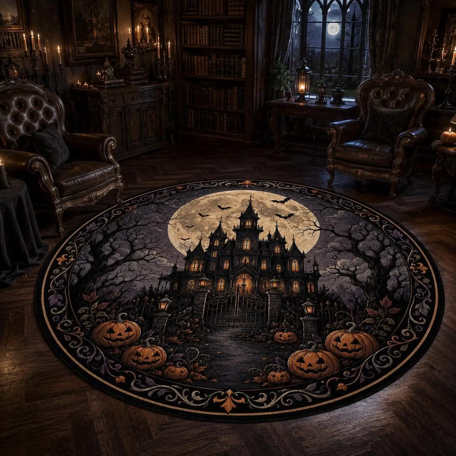 【Room Decoration Carpet】Round Haunted House Carpet, Gothic Halloween Carpet, Spooky Mansion Carpet, Full Moon Pumpkin Decor, Witch Home Decor