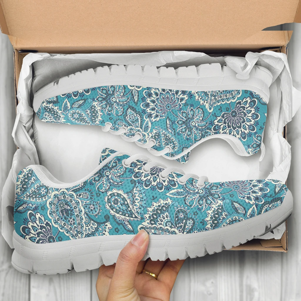 INSTANTARTS White Womens Causal Sneakers Boho Pasiley Floral Prints Lightweigh Air Mesh Falt Shoes Lace Up Footwear For Girls