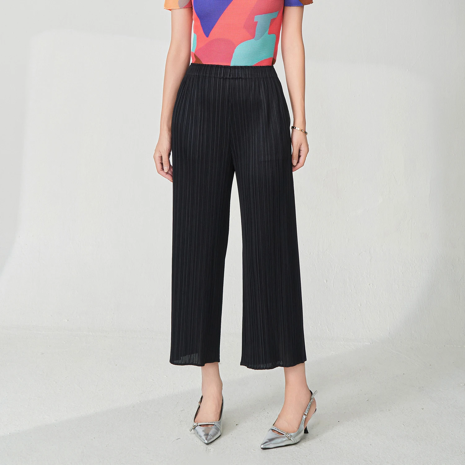 Miyake Women's High-Waist Pleated Wide-Leg Straight Pants Casual Style With Loose Fit Breathable for Spring and Summer