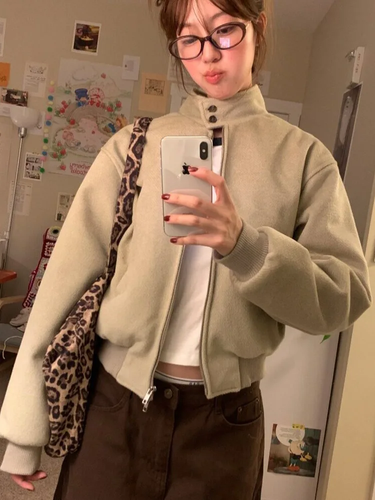Khaki Baseball Jacket Short Thickened Cotton Stand Collar Women's Autumn Winter New Style Retro Korean Style Polyester Fiber