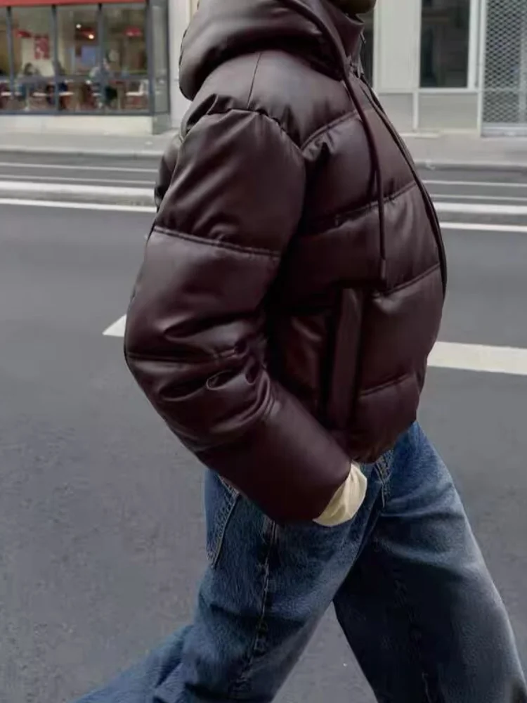 سترة جلدية قصيرة بغطاء للرأس للنساء موضة الصلبة الوقوف طوق سستة جيب سترات دافئة سيدة شتاء جديد ملابس الشارع اليومية #3