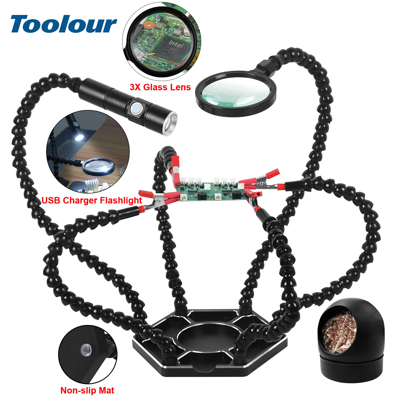 Toolour – Station de soudage pour aider les mains, avec loupe 3X, support PCB, 6 bras flexibles, outil de troisième main pour la réparation électronique