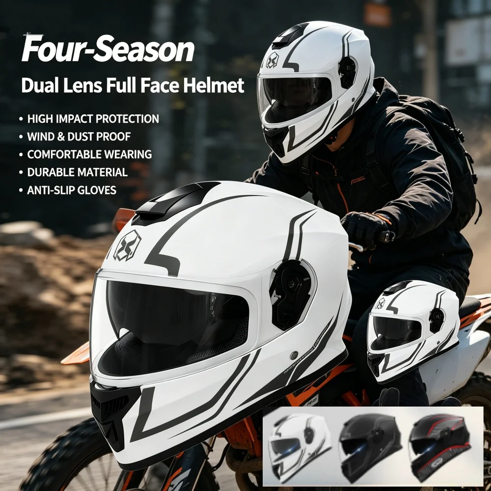 Integralhelm mit Doppellinse für Motorräder: Farbenfrohes Design, Ganzjahresgeeignet, Einheitsgröße für Kopfumfang 54-61 cm