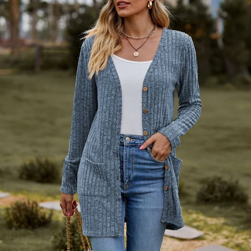 Button Long Sweater Shirt Women Loose Ribbed Knit Cardigan Sweater  Autumn Korean Fashion Women's V Neck Knitted Button Cardigan