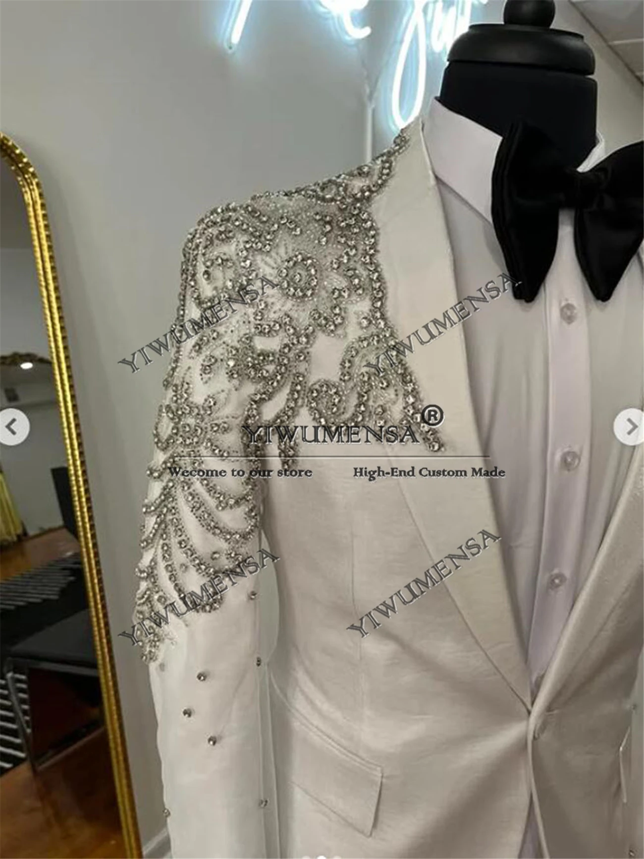 Металлические украшения, свадебные костюмы из бисера для мужчин, однобортный пиджак, брюки, комплект из 2 предметов, смокинги для жениха, индивидуальные платья для выпускного вечера