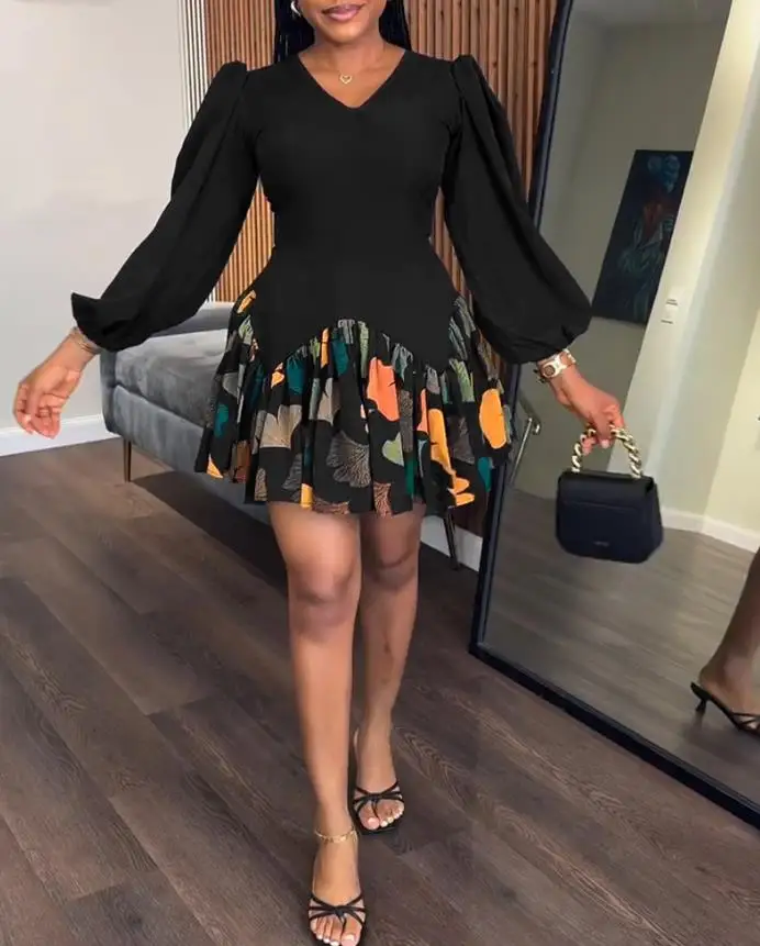 

Color Blocking Splicing Design, Leaf Print, V-Neck, Bubble Sleeves, A-Line Dress, Autumn Elegant Waist Cinched Women's Dress