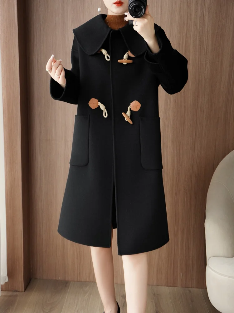 3 Colors Autumn and Winter New Women's Coat Pure Wool Polo Collar Long Coat Large Pocket Fastener Decoration Women's Clothing