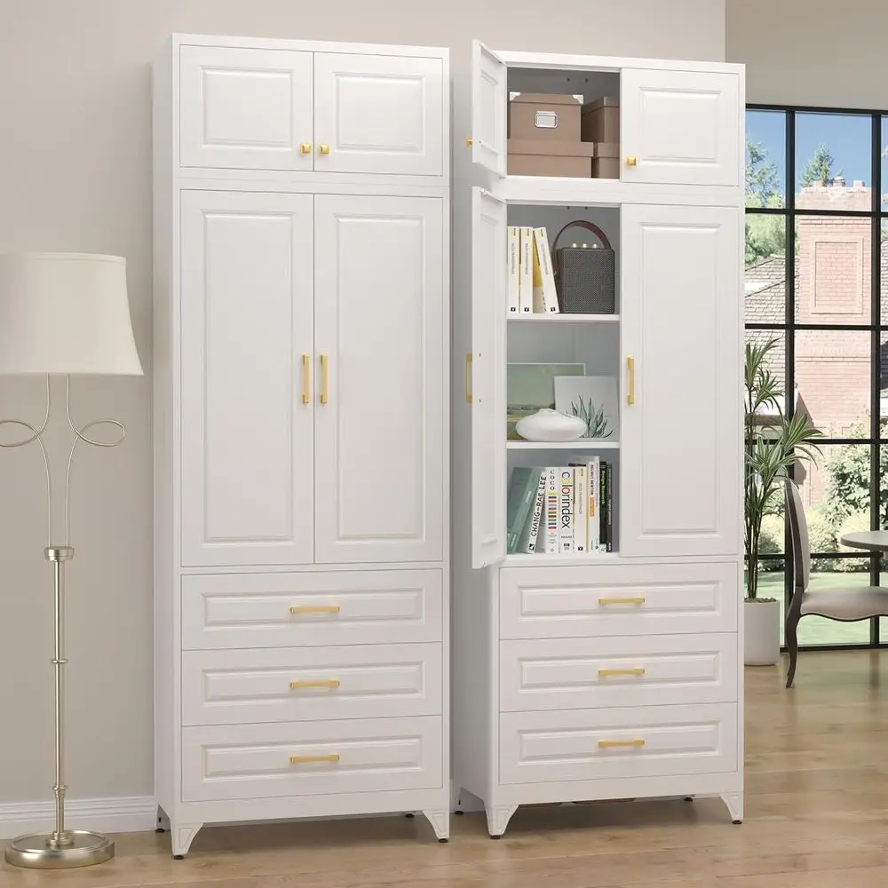 90 White Kitchen Pantry Cabinet with 3 Drawers, Metal Storage, Adjustable Shelves, 2 Gold Handles for Home Organization