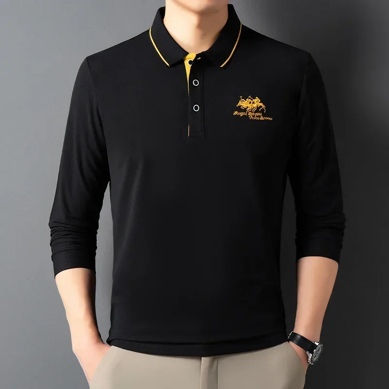 

2025 New Luxury Autumn/Winter Authentic Men's Long Sleeve T-shirt Embroidered Polo Shirt Loose Large Solid Color Bottom Shirt