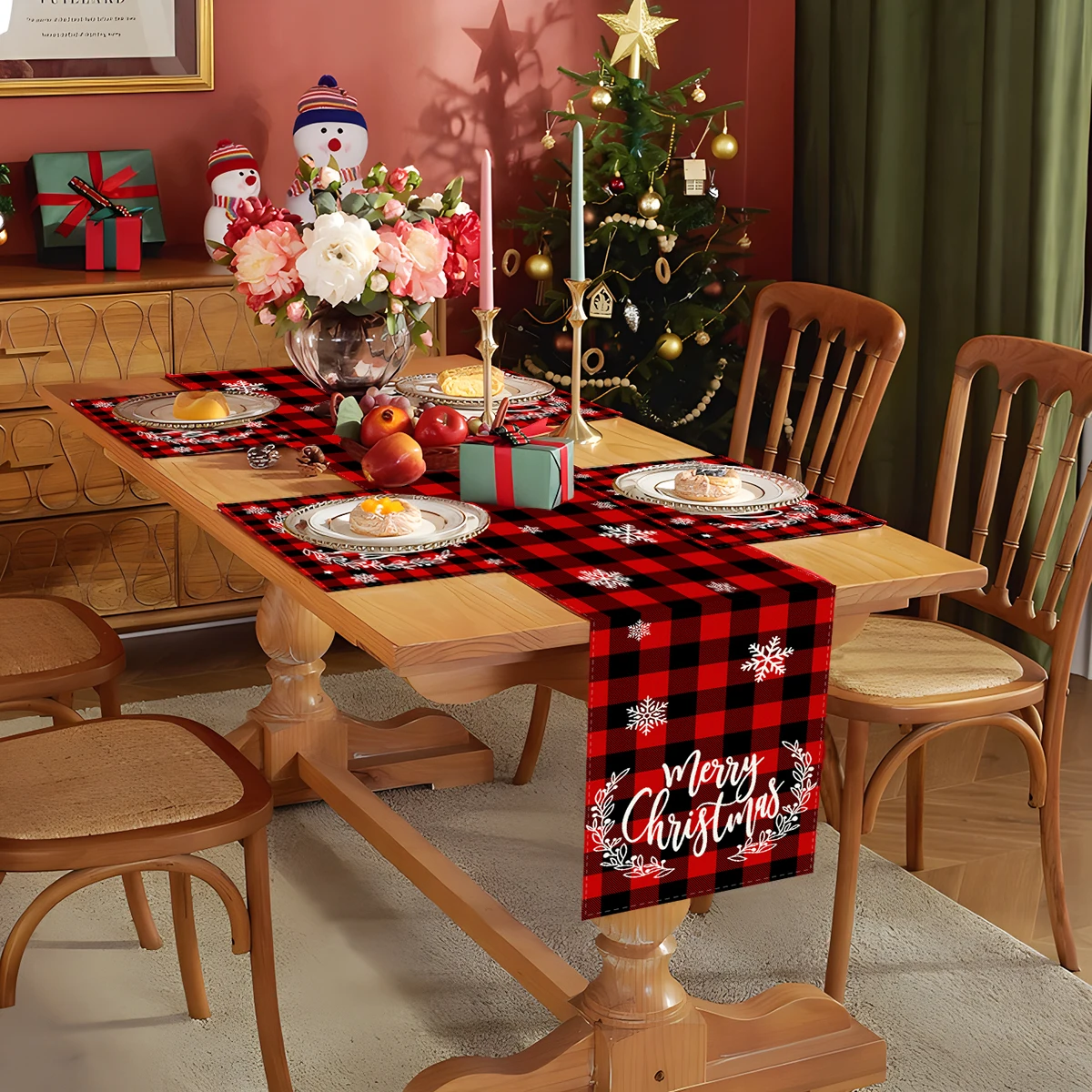 Christmas Table Runner and Placemats Set 1PC Table Runner with 4PCS Placemats Christmas Buffalo Plaid Dining Mat for Holiday Xma