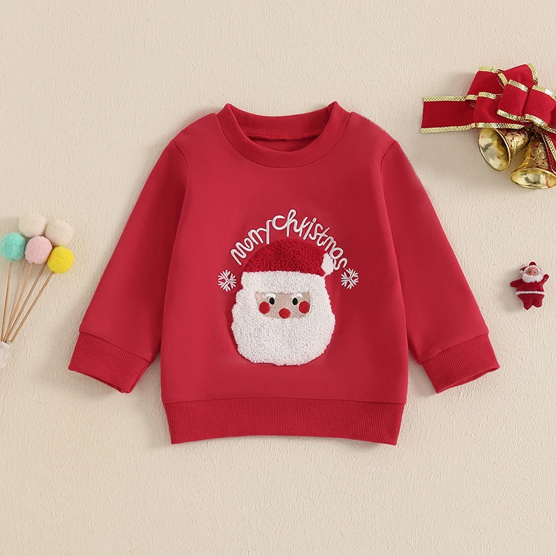 Toddler Girls Boys Christmas Sweatshirts Letter Santa Embroidery Crew Neck Long Sleeve Baby Pullovers Fall Clothes Tops